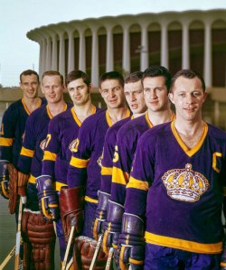 Bob Wall, Ted Irvine, Howie Hughes, Terry Sawchuk, Bill Flett, Wayne Rutledge & Bill White of the 1967-68 Los Angeles Kings (from @si_vault)